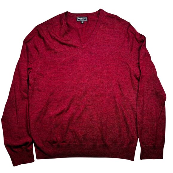 Express Modern Fit Merino Wool Large Men Sweater Red V-Neck Office Holiday - Picture 1 of 5